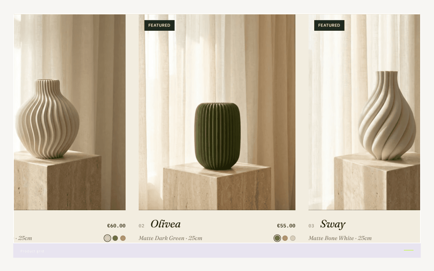 Vasevo storefront showing sculptural 3D-printed vases on a warm bone surface with product grid and pricing. — Product grid