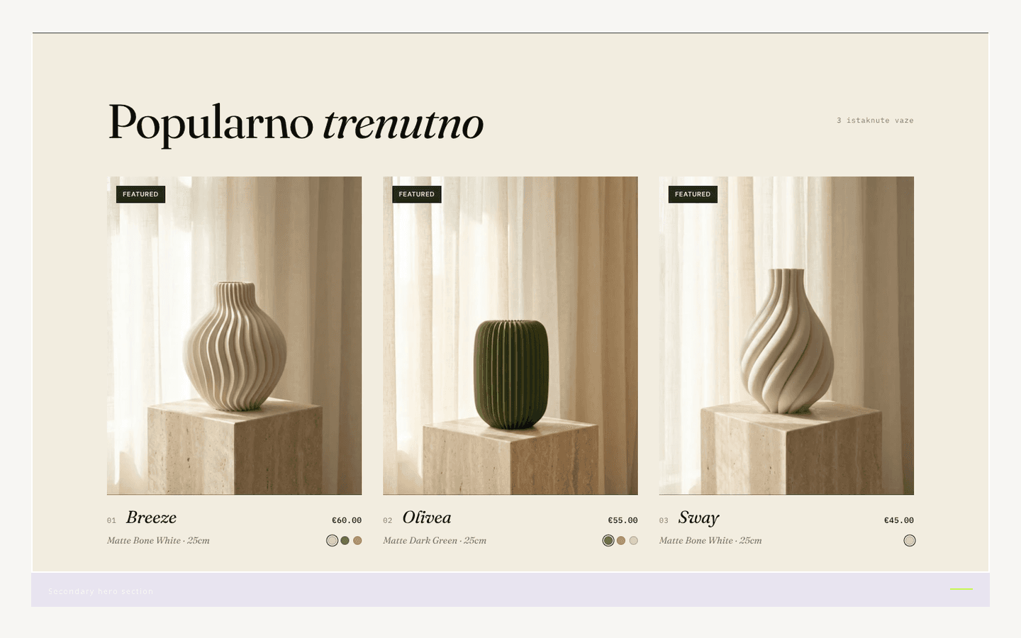 Vasevo storefront showing sculptural 3D-printed vases on a warm bone surface with product grid and pricing. — Secondary hero