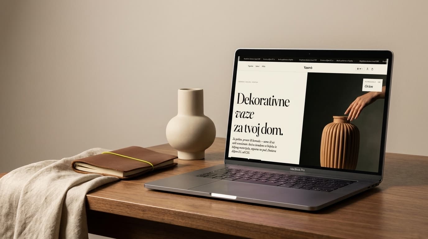 Vasevo storefront showing sculptural 3D-printed vases on a warm bone surface with product grid and pricing. — Product still-life · SAFE