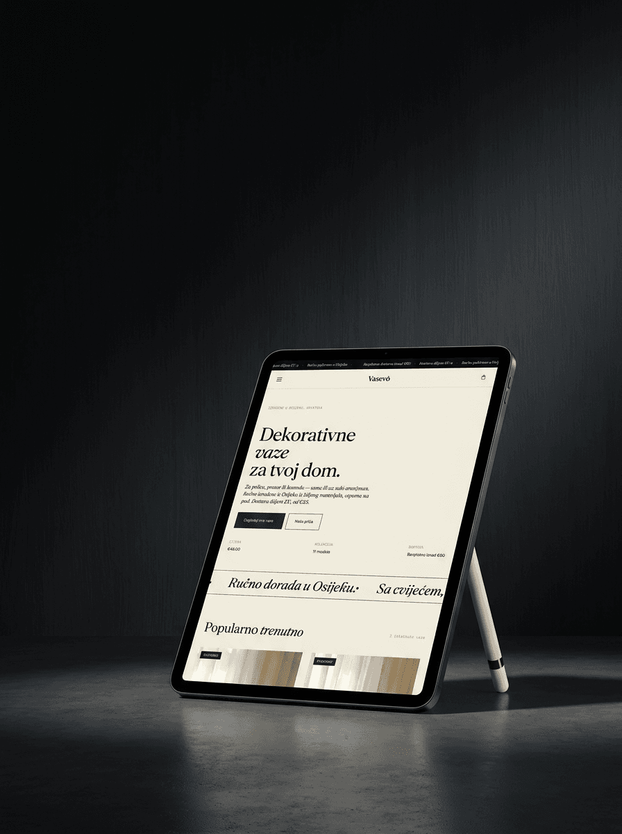 Vasevo storefront showing sculptural 3D-printed vases on a warm bone surface with product grid and pricing. — tablet
