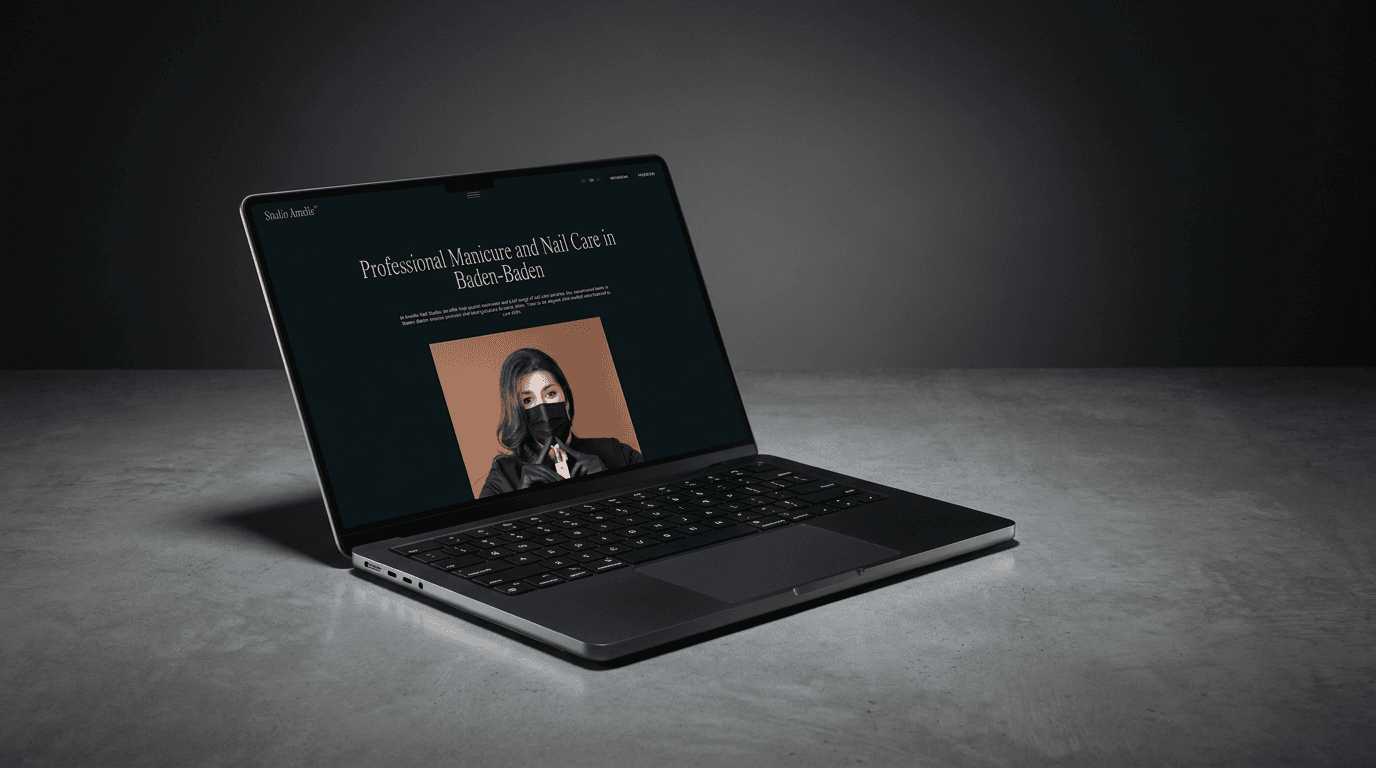 Studio Amelie homepage on desktop showing nail care and permanent make-up services in Baden-Baden — laptop