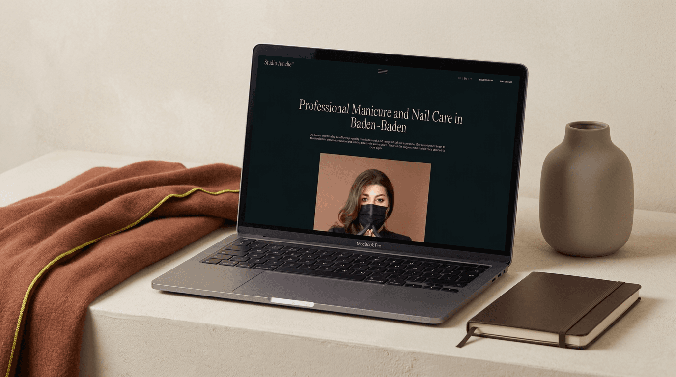 Studio Amelie homepage on desktop showing nail care and permanent make-up services in Baden-Baden — Product still-life · SAFE