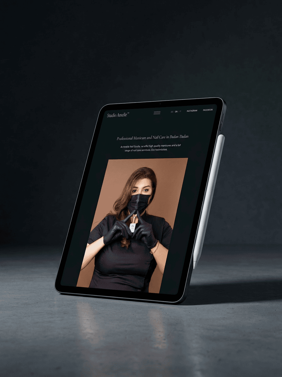 Studio Amelie homepage on desktop showing nail care and permanent make-up services in Baden-Baden — tablet