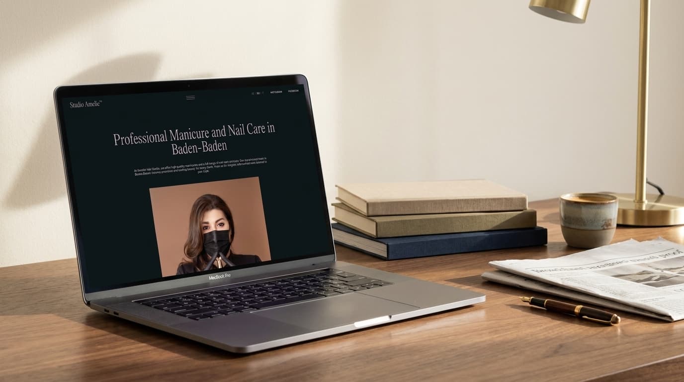 Studio Amelie nail salon homepage showing elegant dark branding and professional service offerings